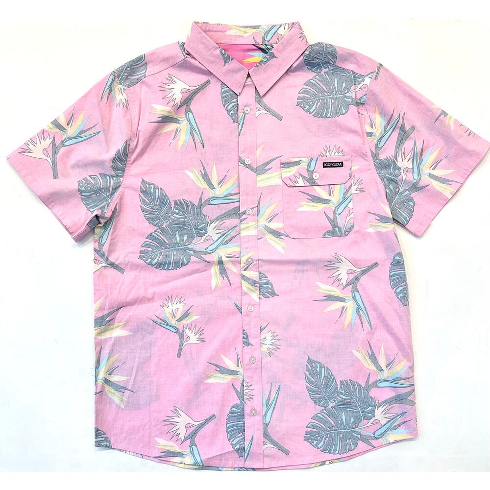 Men's Short Sleeve Button Up Shirt - Pink Birds of Paradise - Size Lrg - NWT